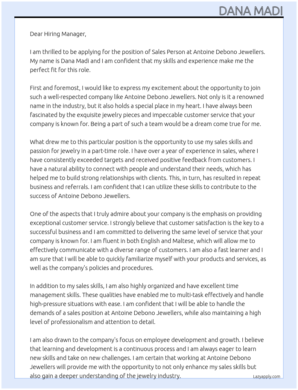 sales person At Antoine Debono Jewellers Cover Letter