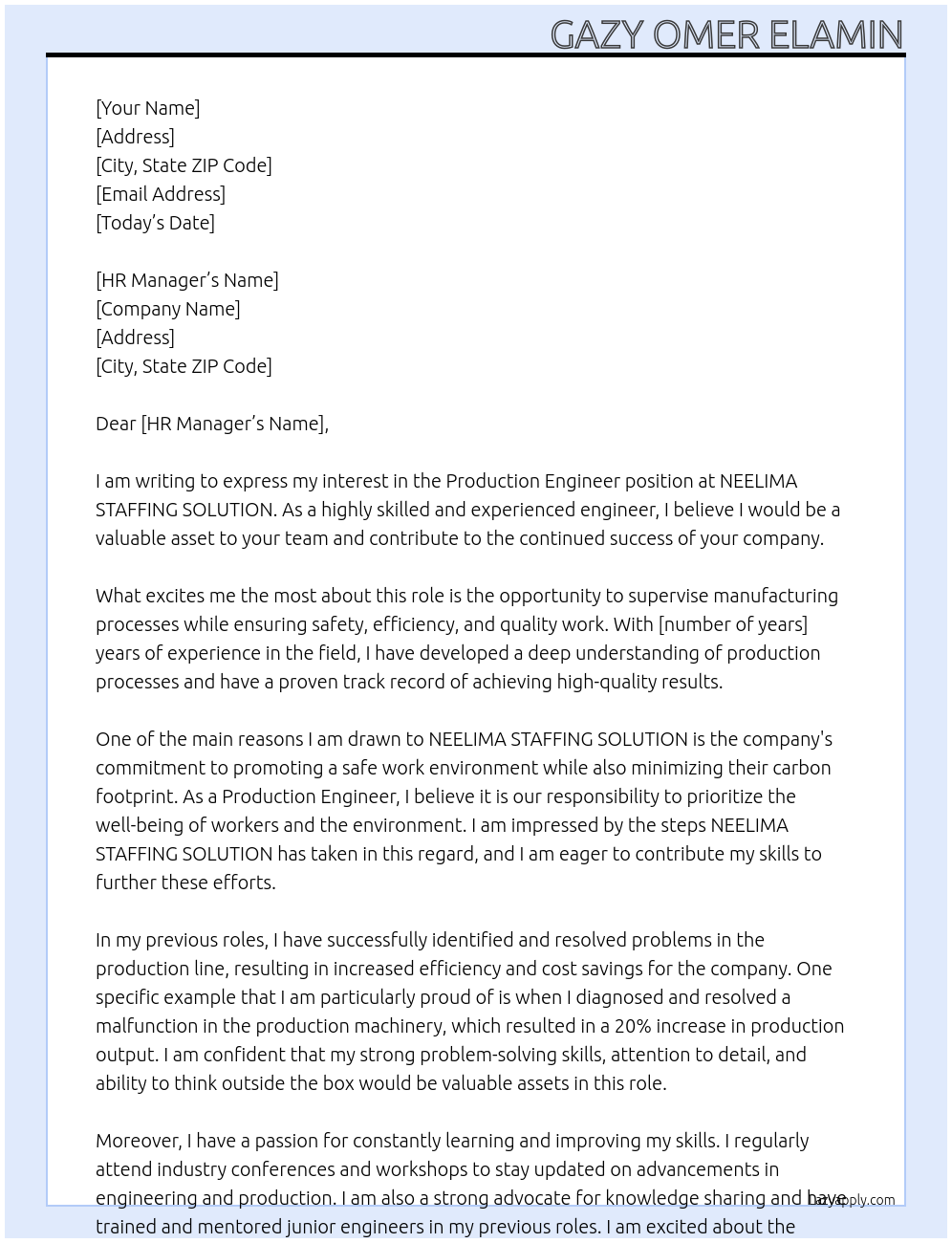 Production Engineer At NEELIMA STAFFING SOLUTION Cover Letter