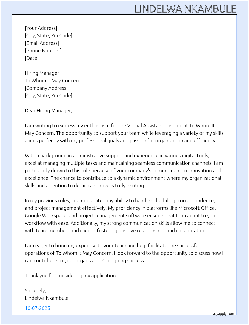 VIRTUAL ASSISTANT At To whom it may concern Cover Letter