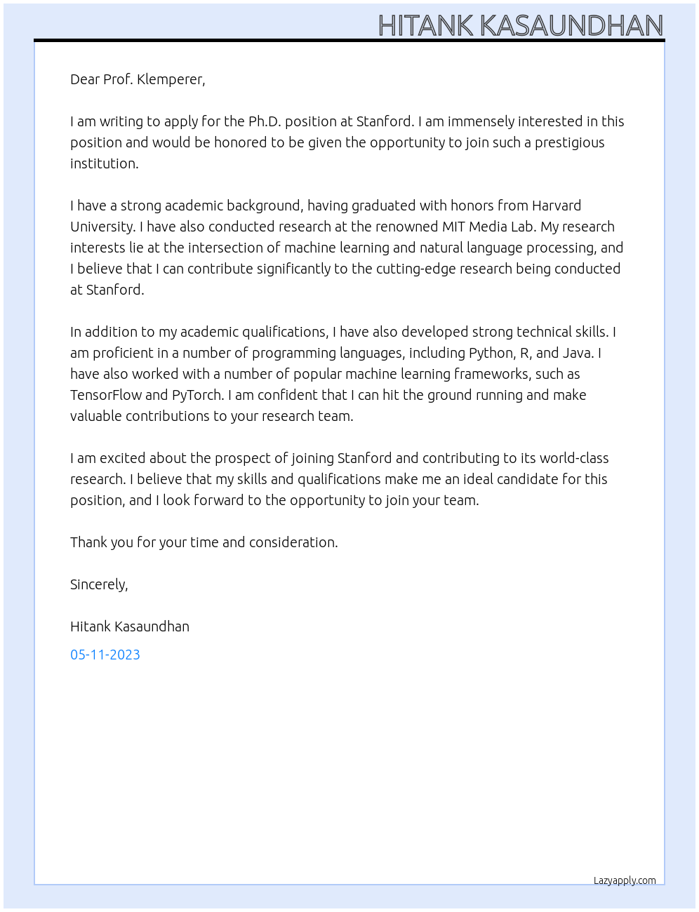 Ph.D. At Stanford Cover Letter