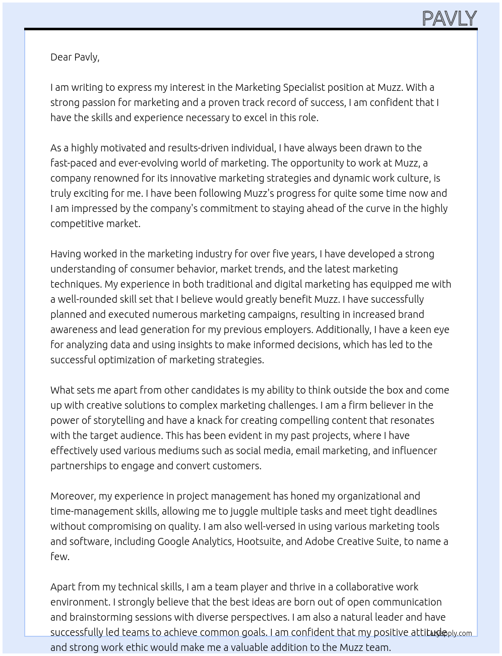 Marketing specialist At Muzz Cover Letter