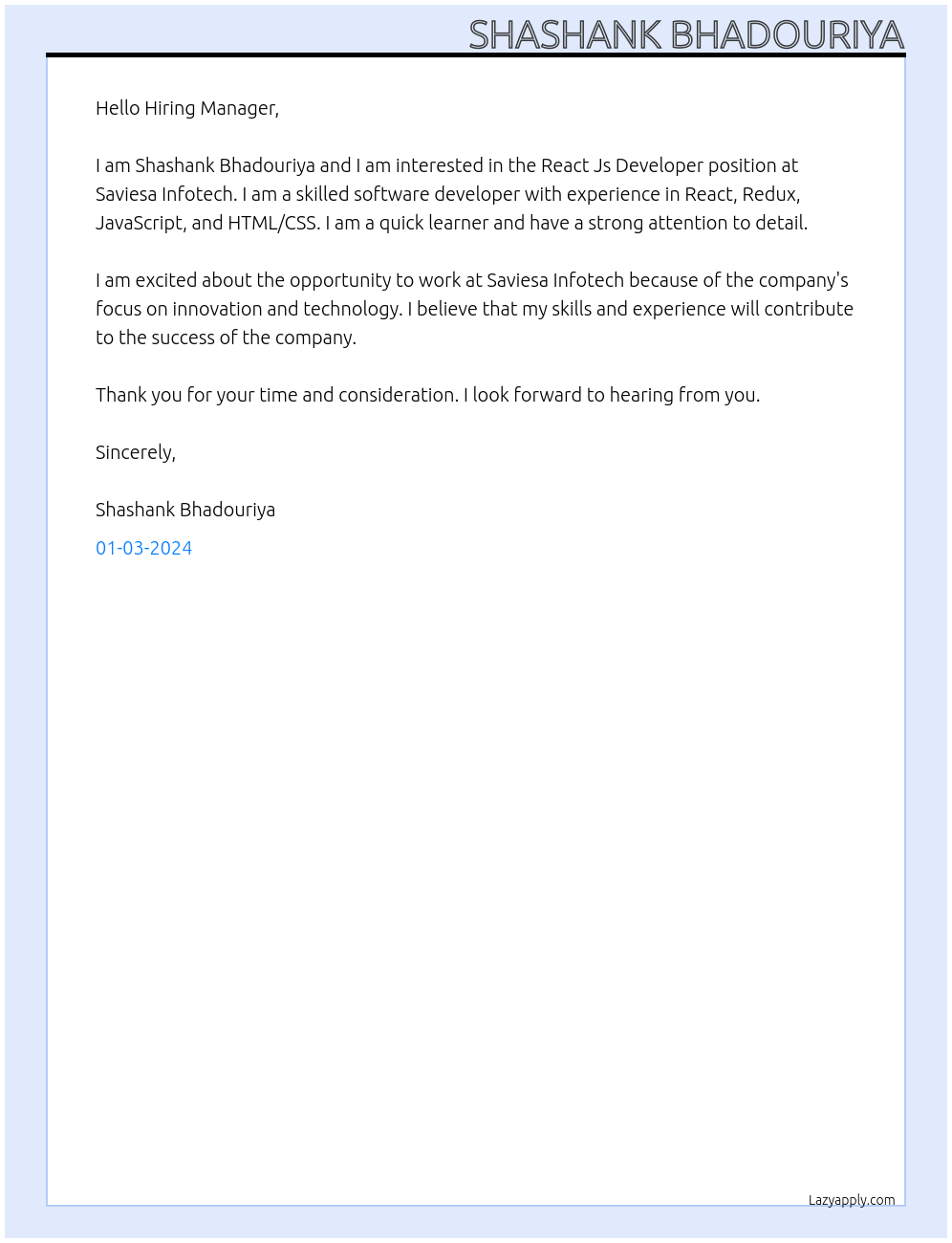 React Js Developer At Saviesa Infotech Cover Letter