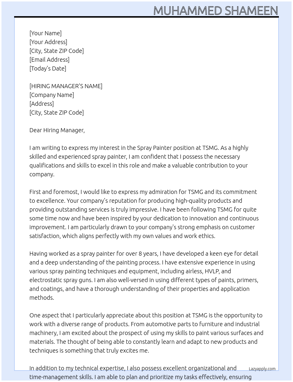 spray painter At TSMG Cover Letter