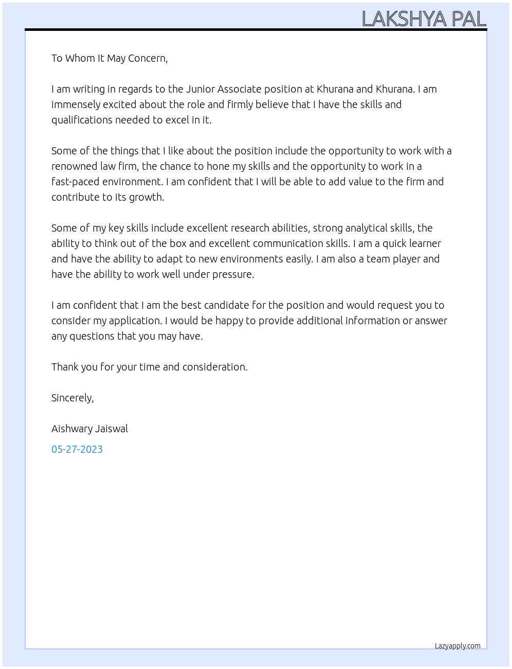 junior associate At khurana and khurana Cover Letter