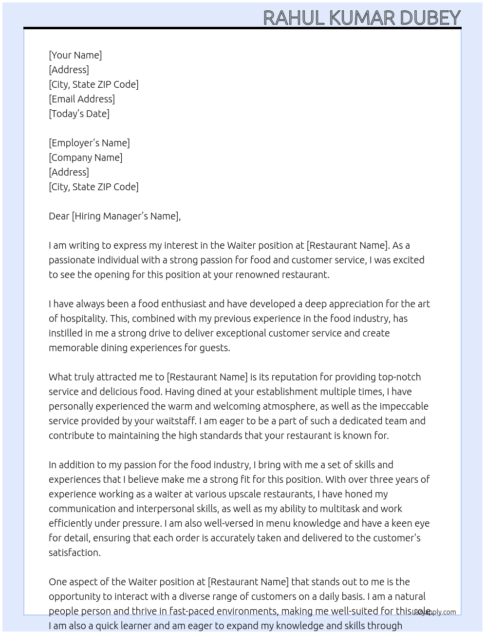 Waiters  At Restorant  Cover Letter