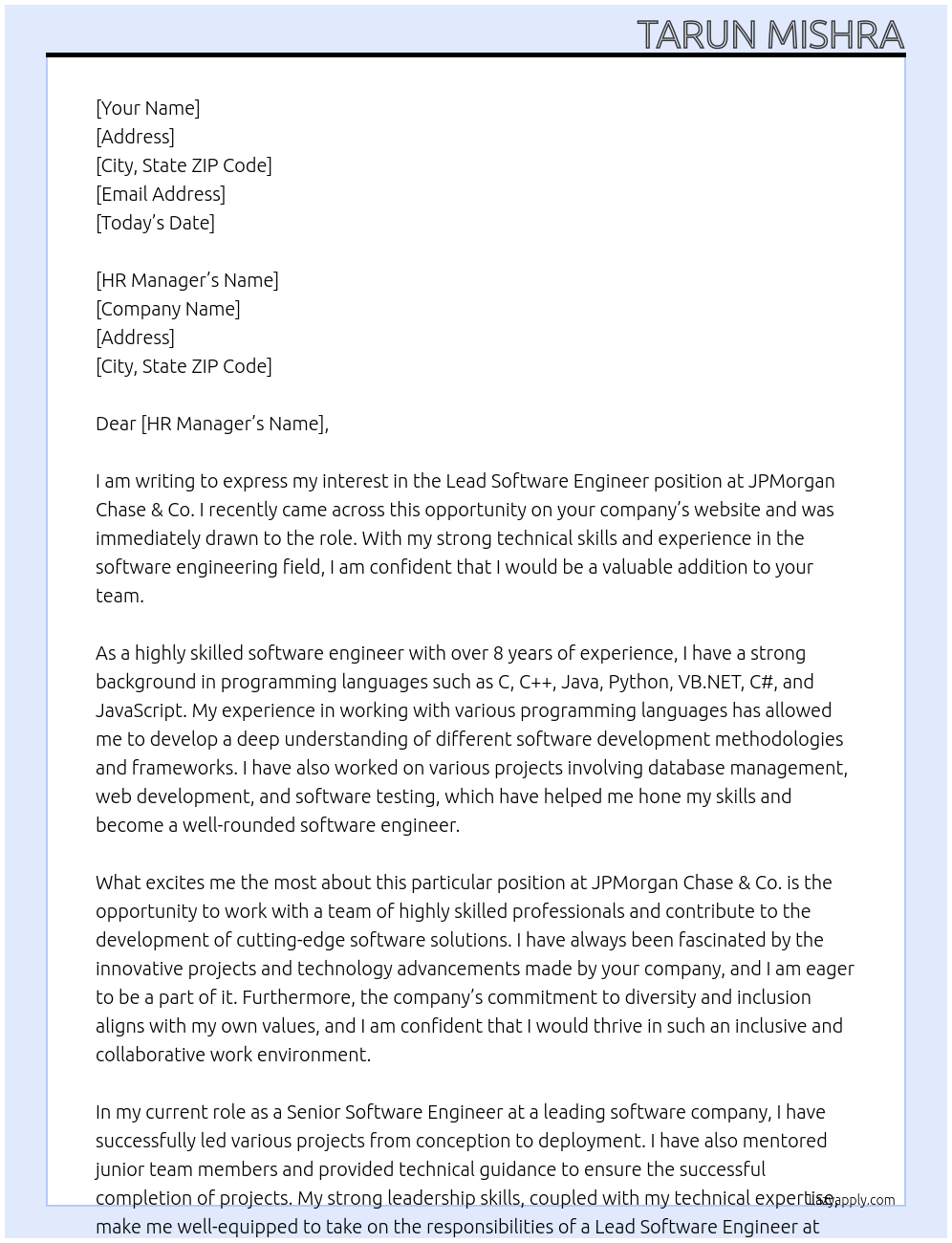 Lead Software Engineer At JPMorgan Chase & Co. Cover Letter