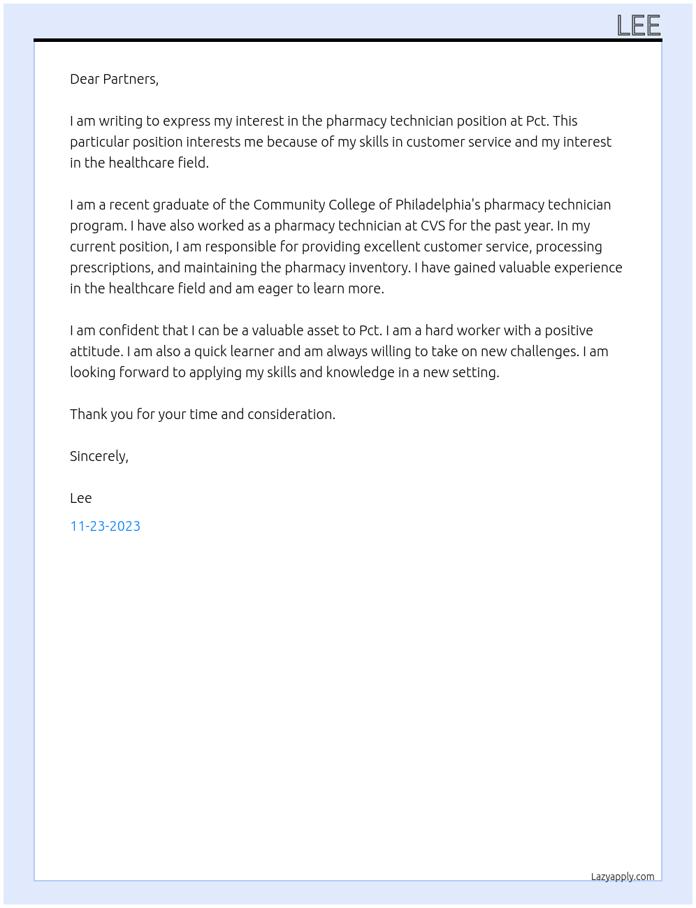 Pharmacy technician  At Pct Cover Letter