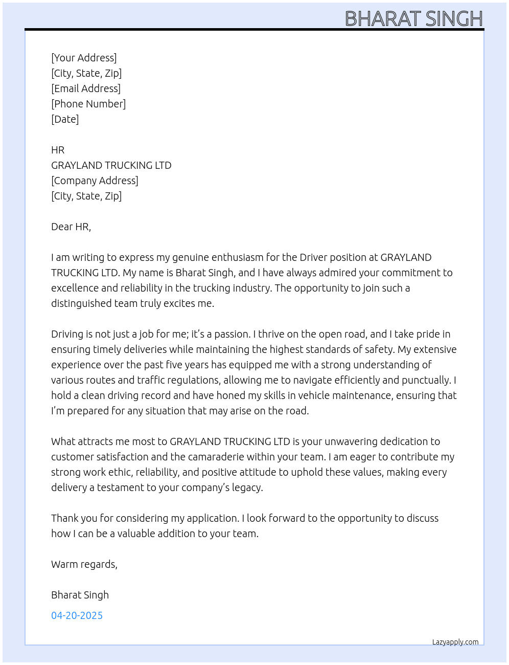 Driver At GRAYLAND TRUCKING LTD Cover Letter