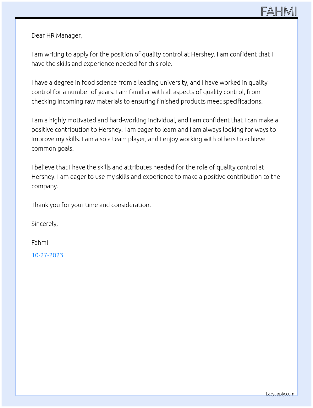 quality control At hershey Cover Letter