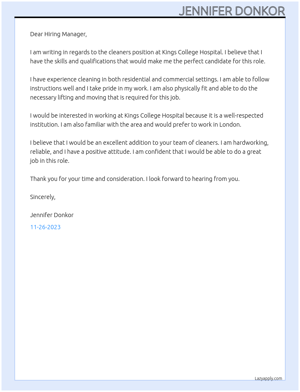 Cleaners At Kings College Hospital Cover Letter