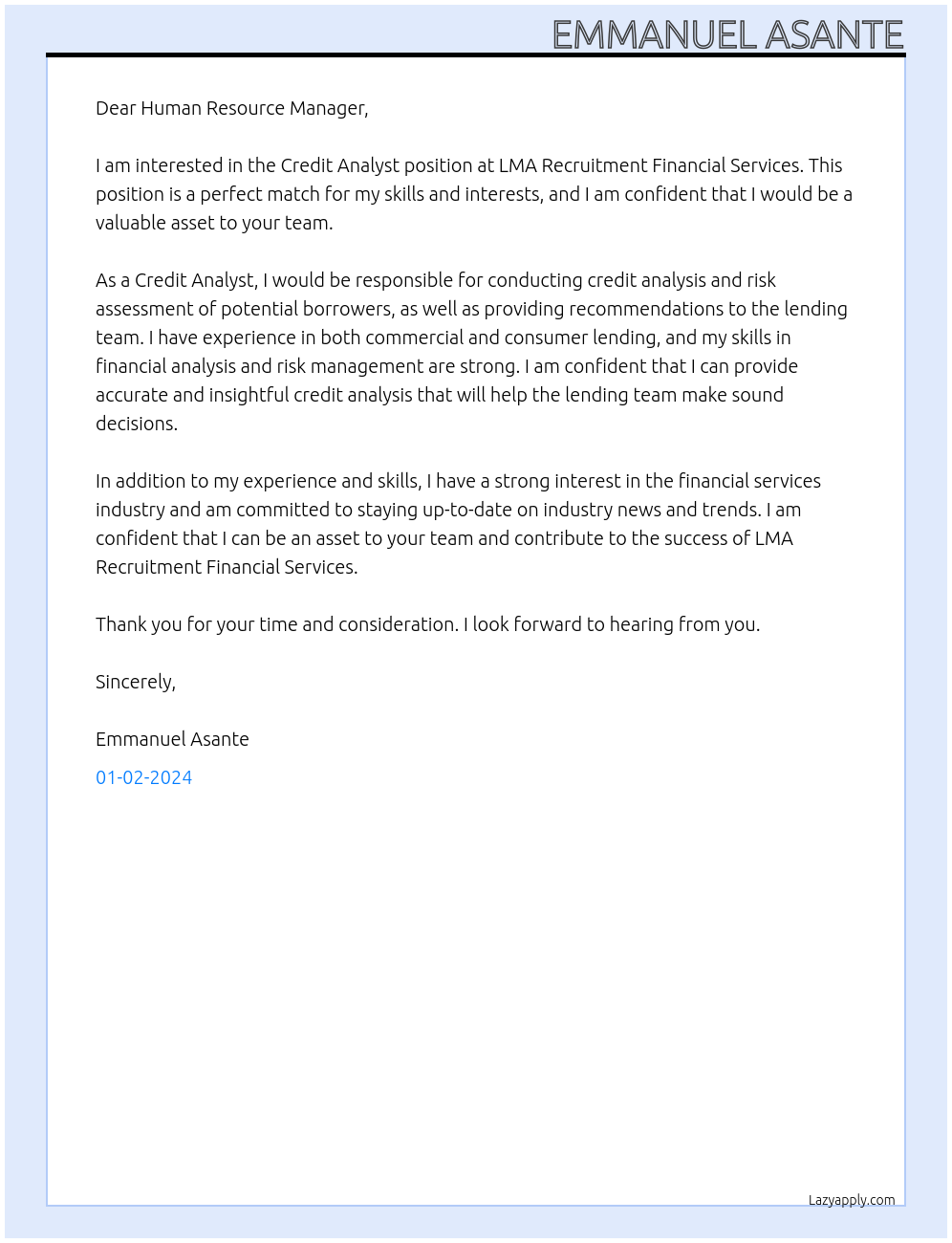 Credit Analyst At LMA recruitment financial services Cover Letter