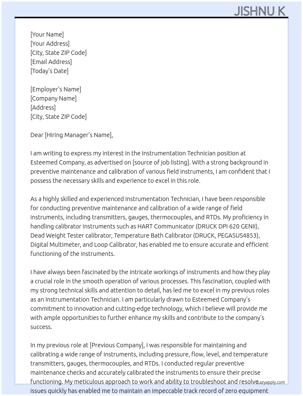 Instrumentation technician  At Esteemed company  Cover Letter