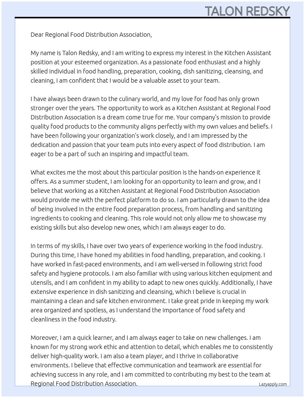 Kitchen Assistant At Regional Food Distribution Association Cover Letter