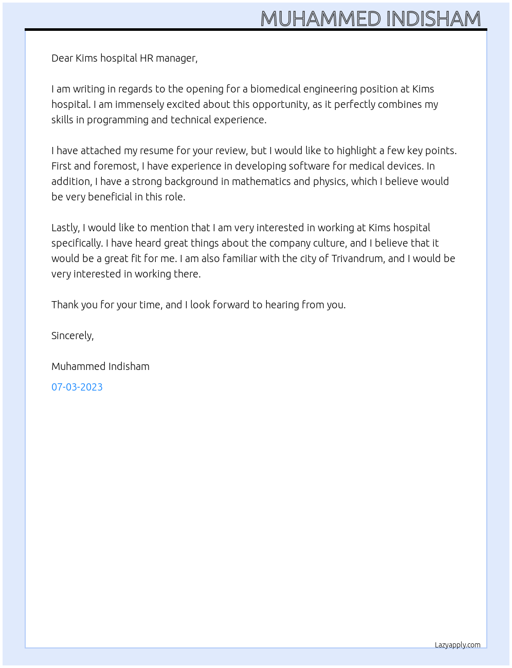 Biomedical engineering  At Kims hospital trivandrum Cover Letter