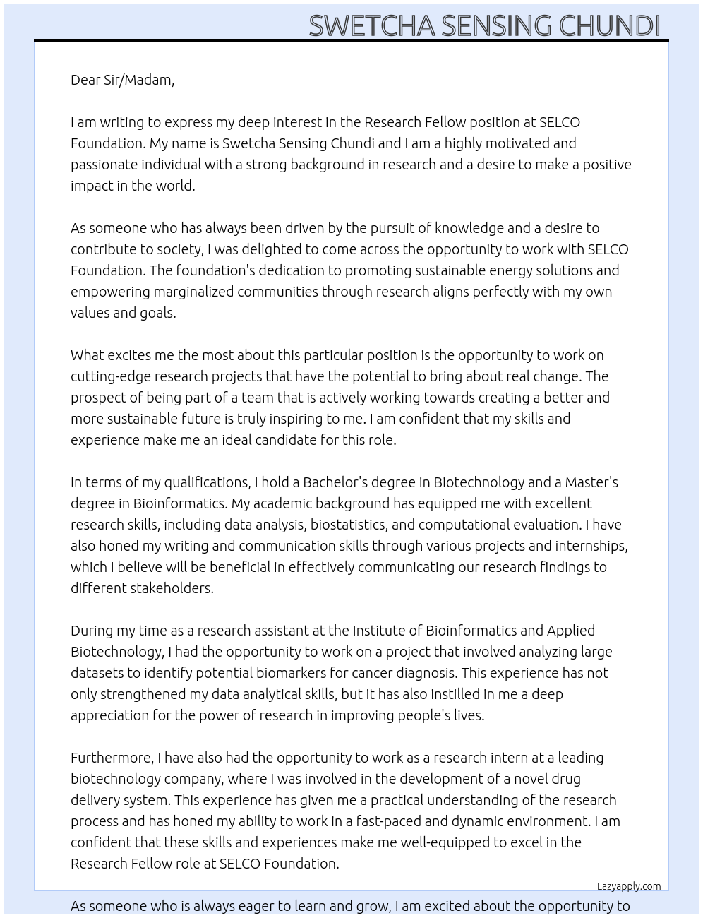 Research fellow  At SELCO Foundation  Cover Letter