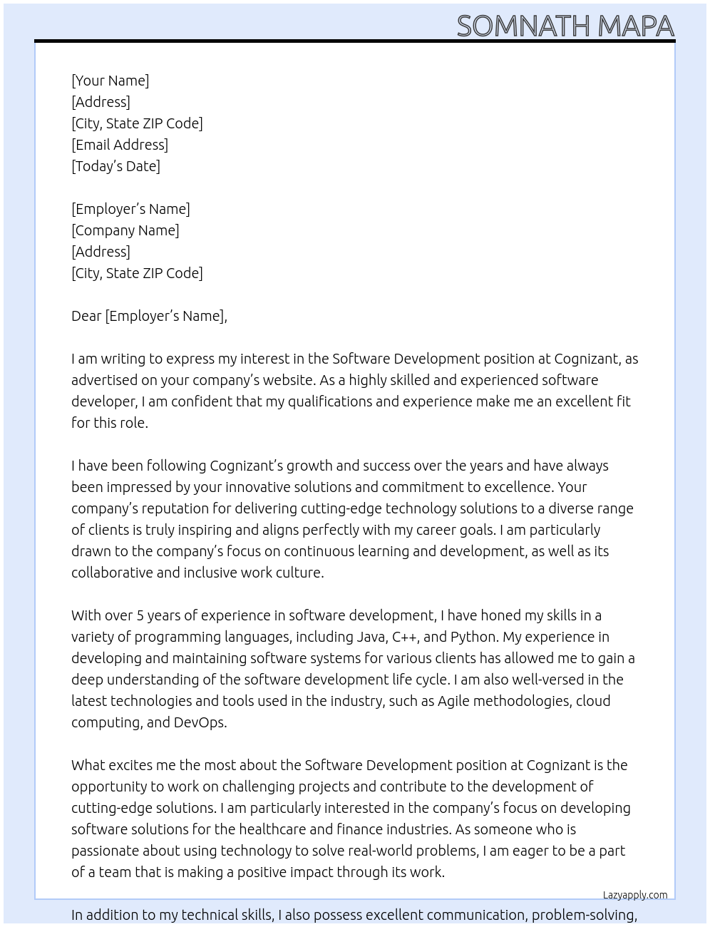 software development At cognizant Cover Letter