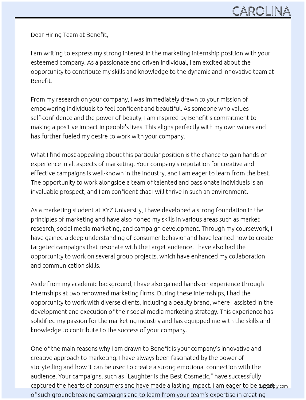 marketing internship At Benefit Cover Letter