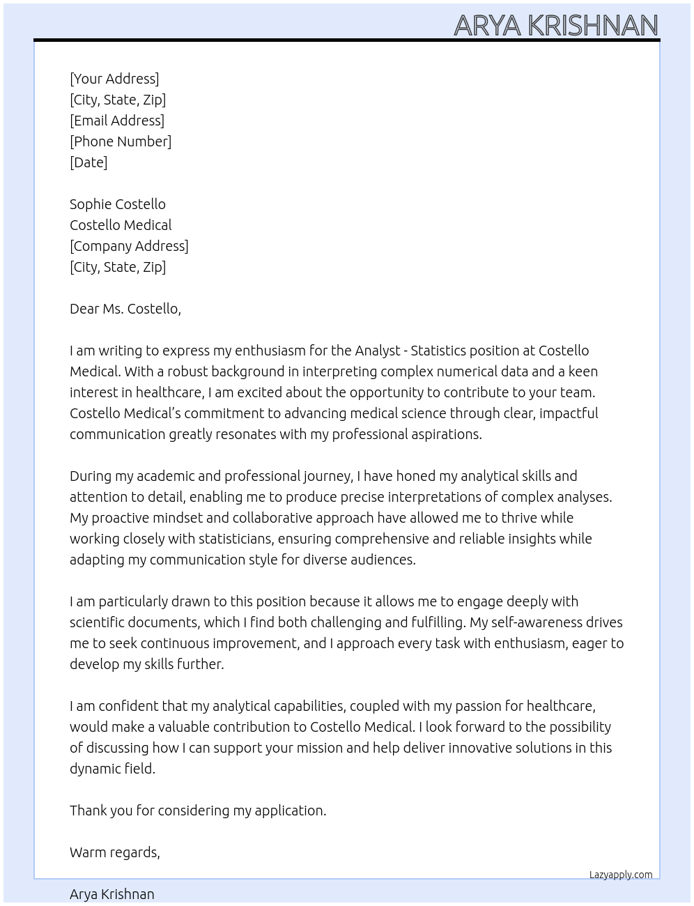 Analyst - Statistics At Costello Medical Cover Letter
