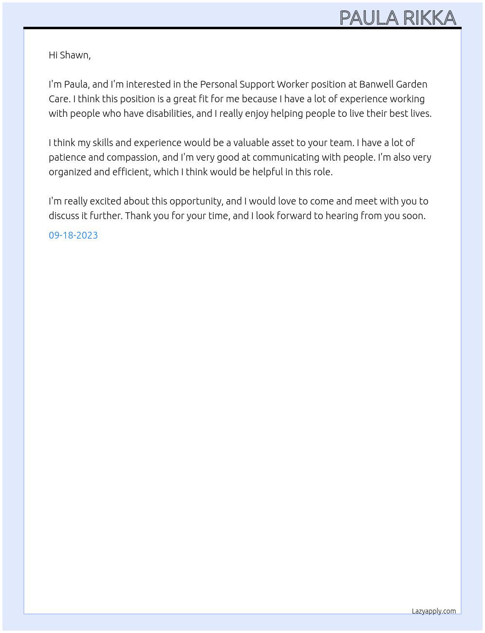 Personal Support Worker At Banwell Garden Care Cover Letter