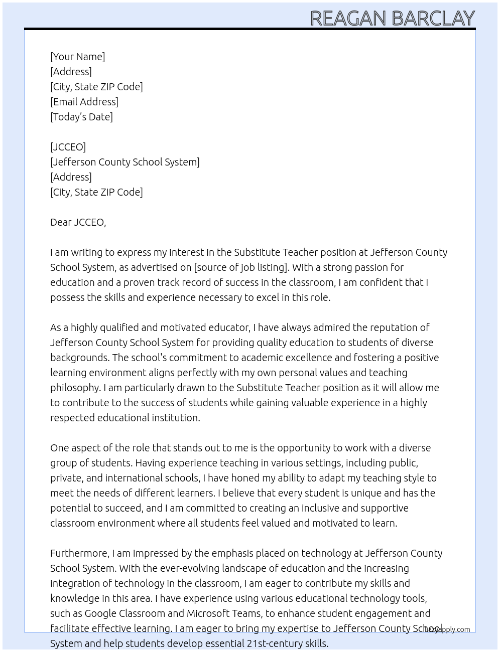 Substitute Teacher At Jefferson County School System Cover Letter