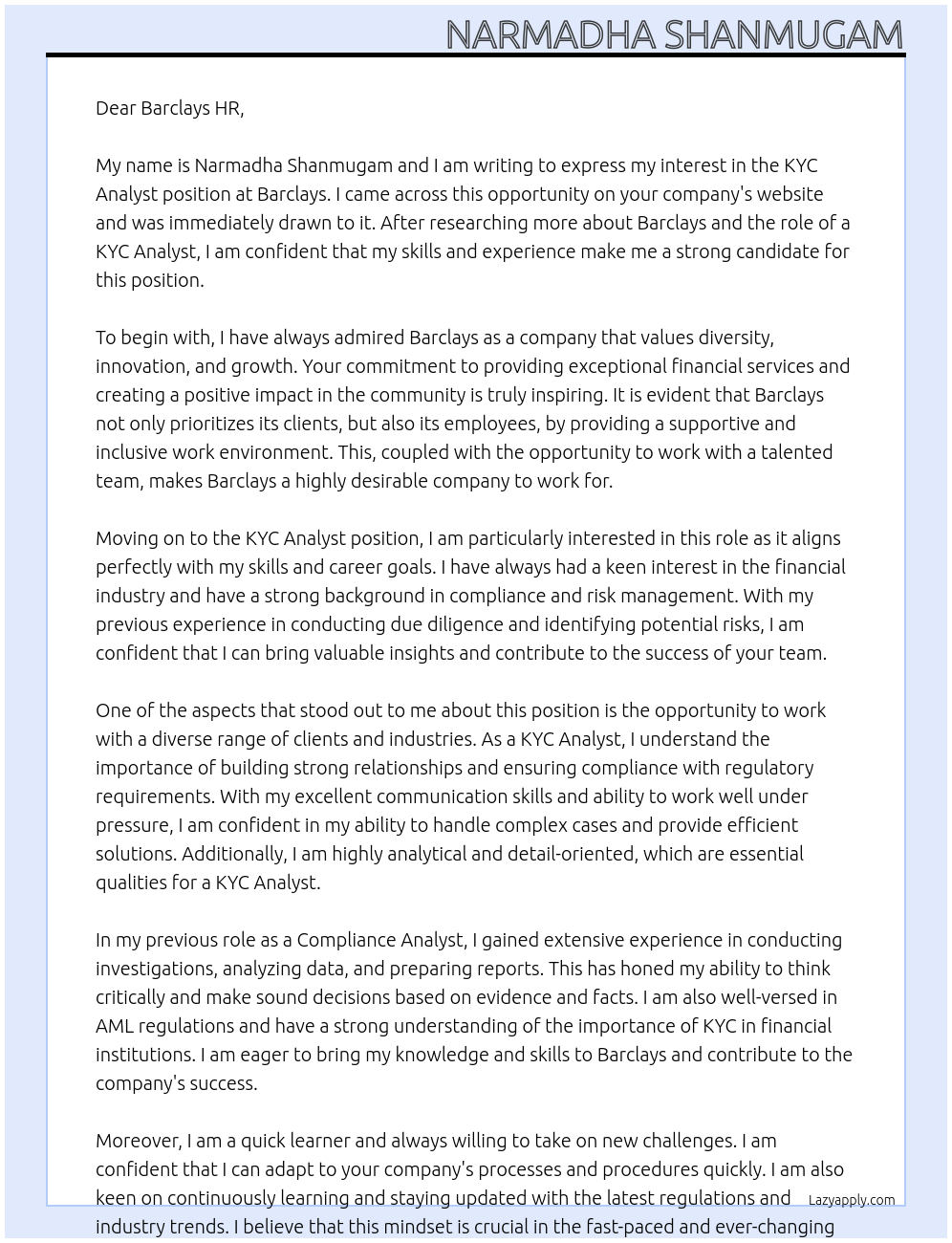 Kyc analyst  At BARCLAYS  Cover Letter