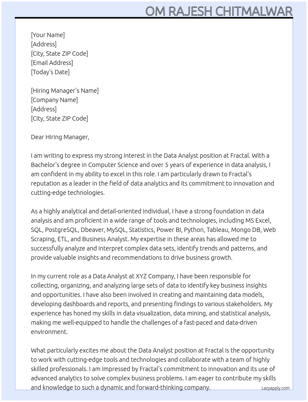 Data Analyst At Fractal Cover Letter