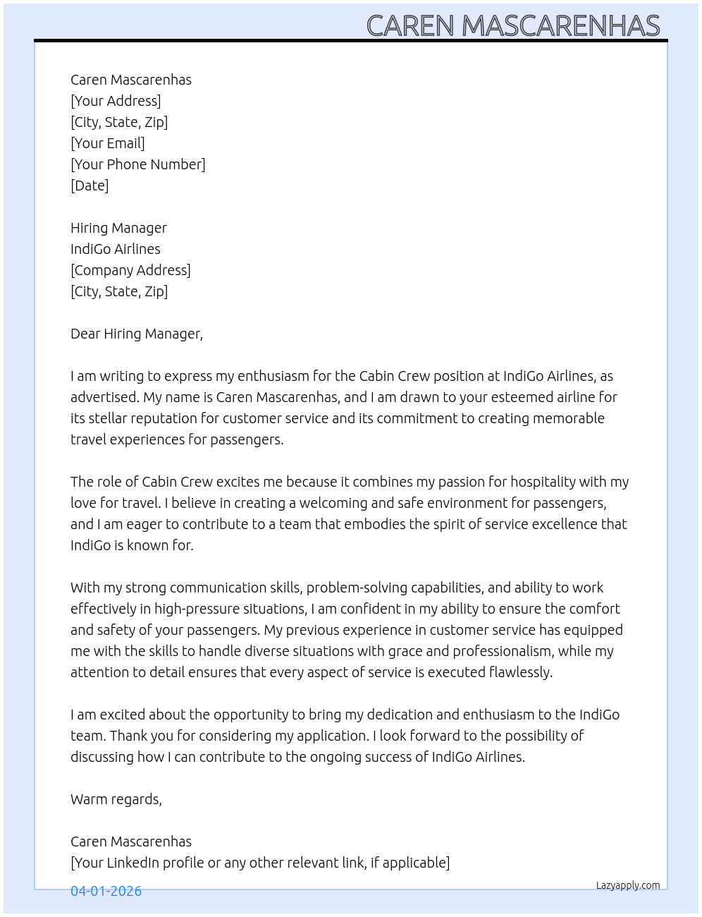 Cabin crew  At IndiGo Airlines  Cover Letter