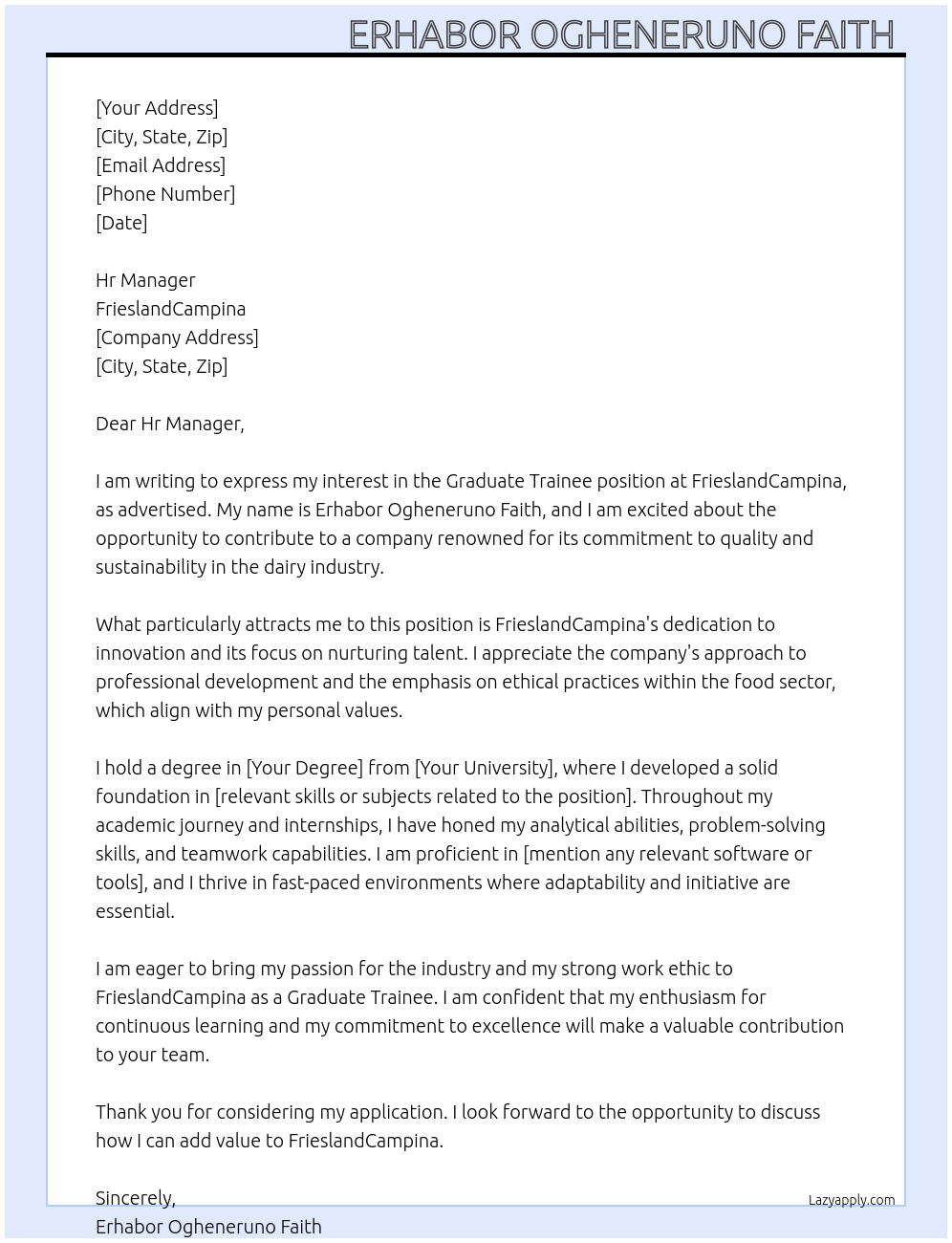 Graduate Trainee  At FrieslandCampina Cover Letter