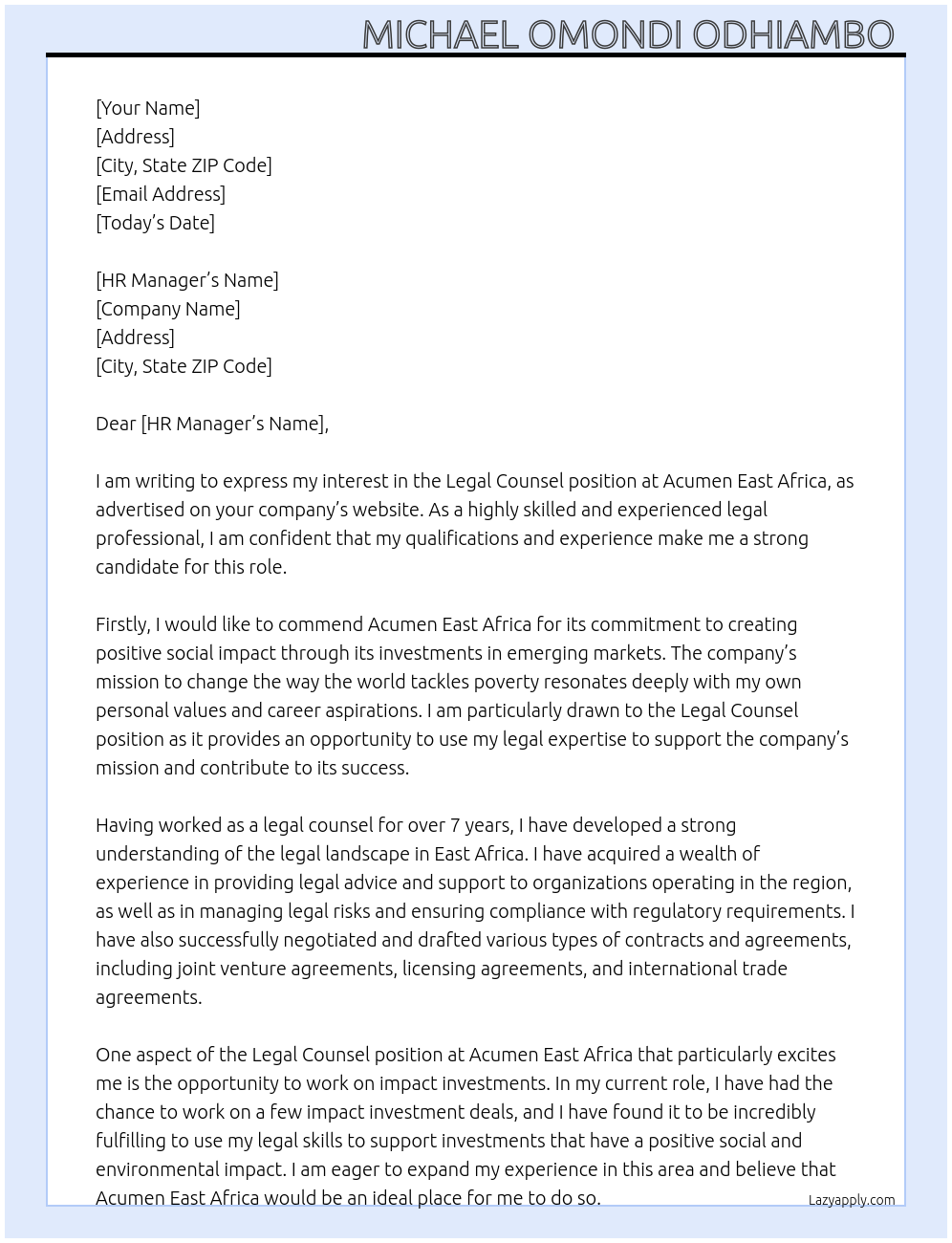 Legal Counsel At Acumen East Africa Cover Letter