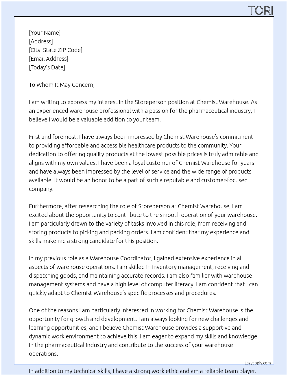 Storeperson At Chemist Warehouse Cover Letter