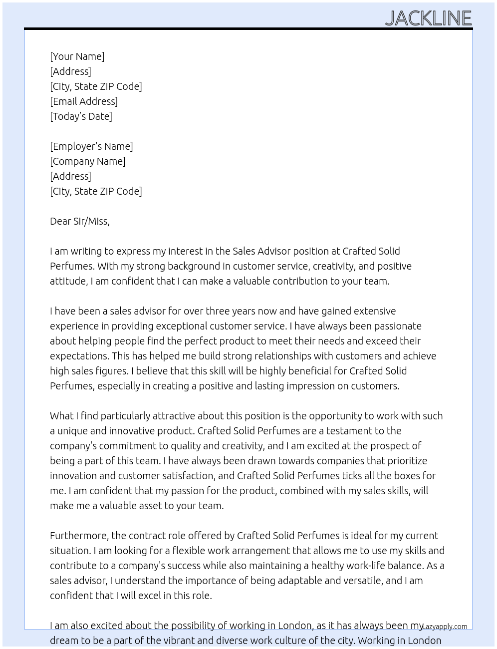 Sales Advisor At Crafted Solid Perfumes Cover Letter