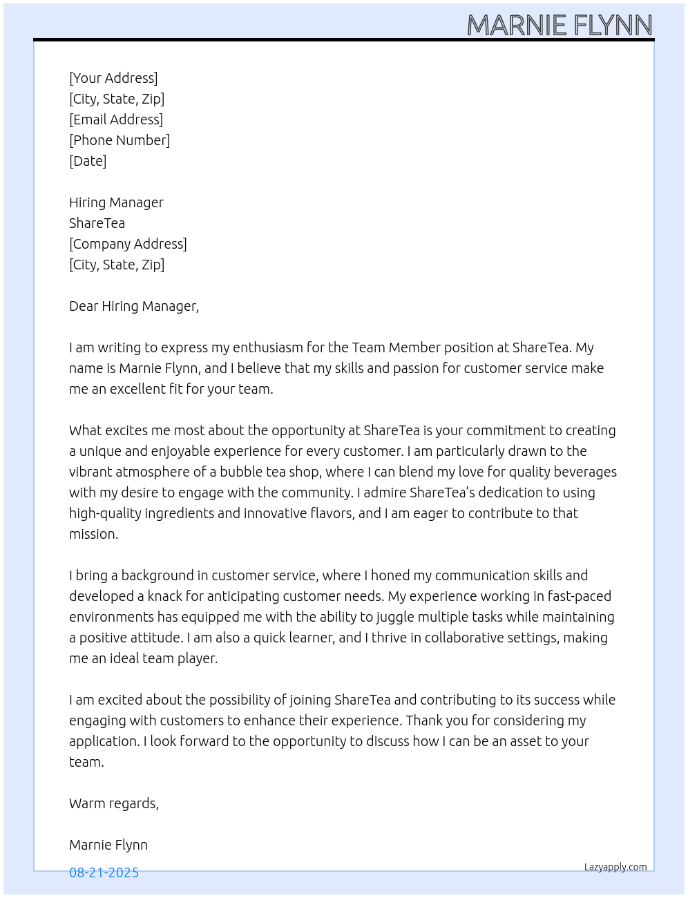 Team Member At ShareTea Cover Letter