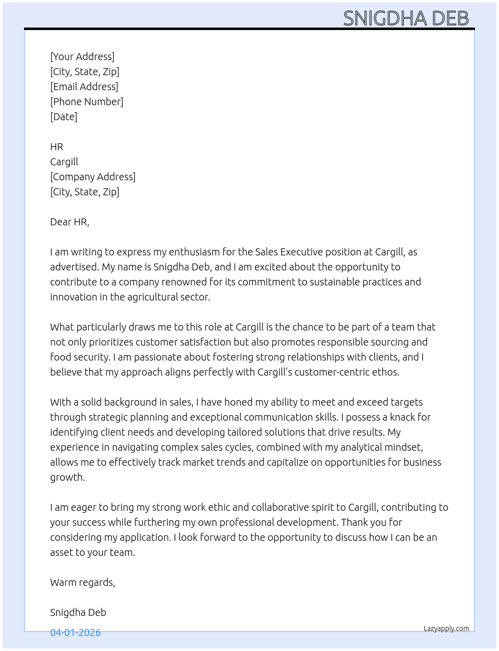 Sales executive  At Cargill Cover Letter