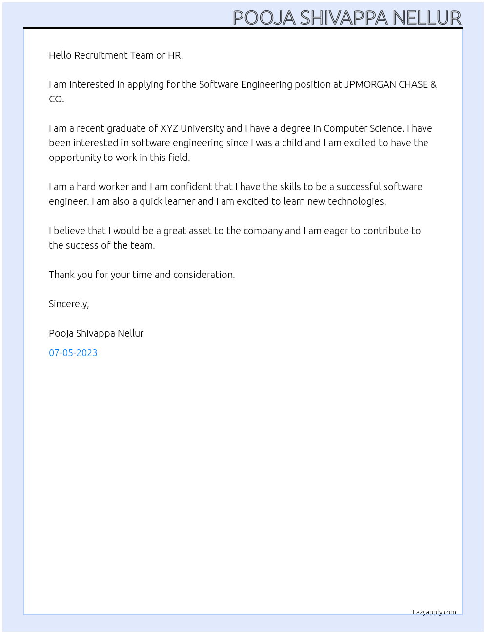 Software Engineering At JPMORGAN CHASE & CO Cover Letter