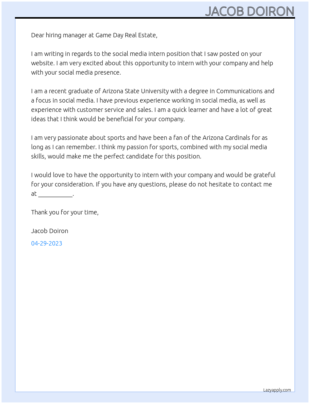 Social media intern At Game Day Real Estate Cover Letter