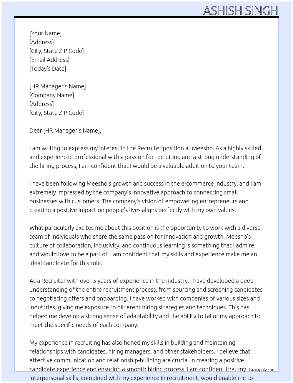 Recruiter At Meesho Cover Letter