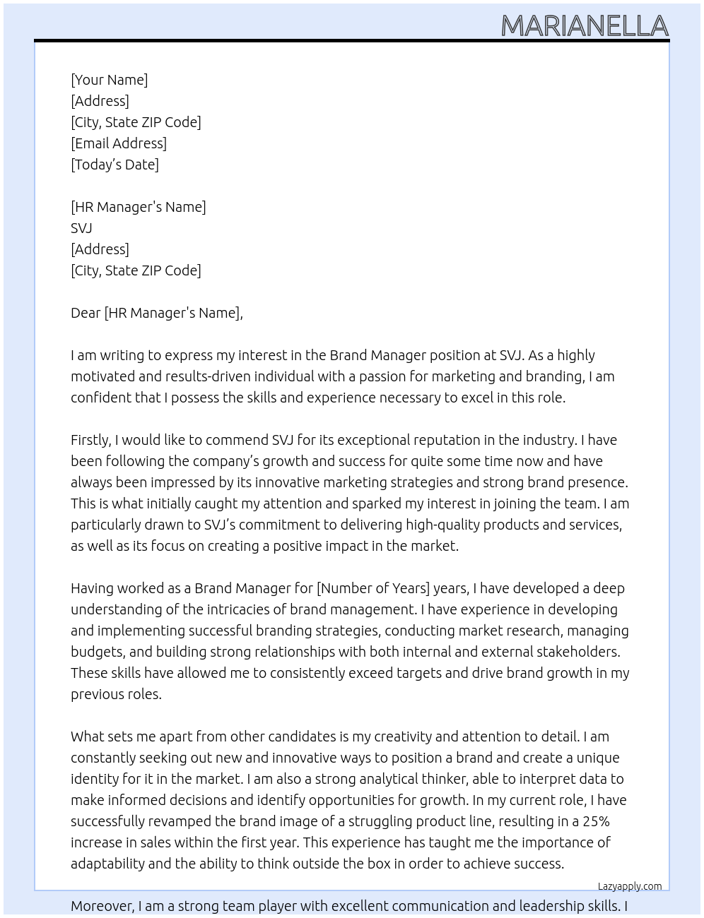 Brand Manager At SVJ Cover Letter
