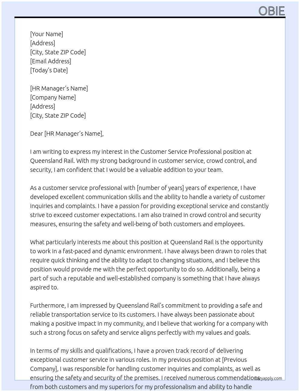 Customer Service Professional At Queensland Rail Cover Letter