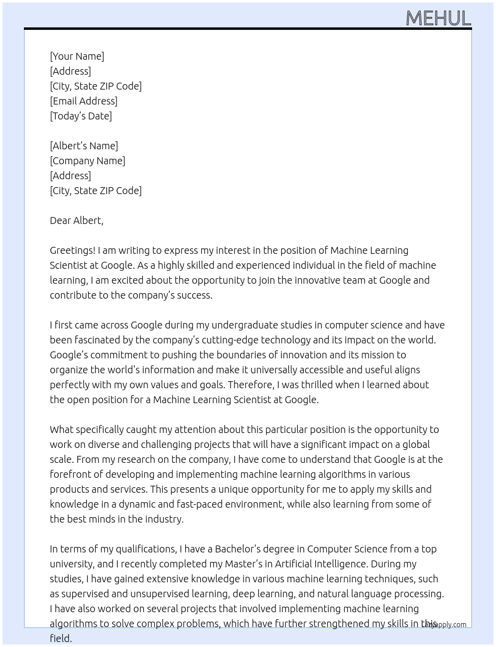 machine learning scientist At google Cover Letter