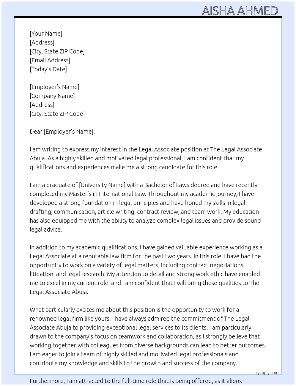 Legal associate At The Legal Associate Abuja Cover Letter