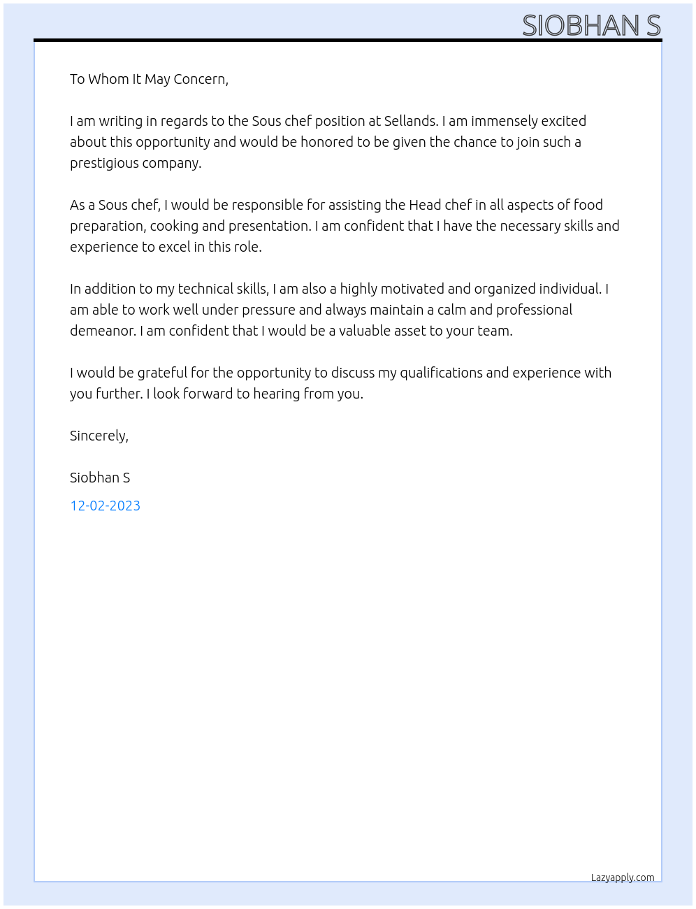 Sous chef At Sellands Cover Letter