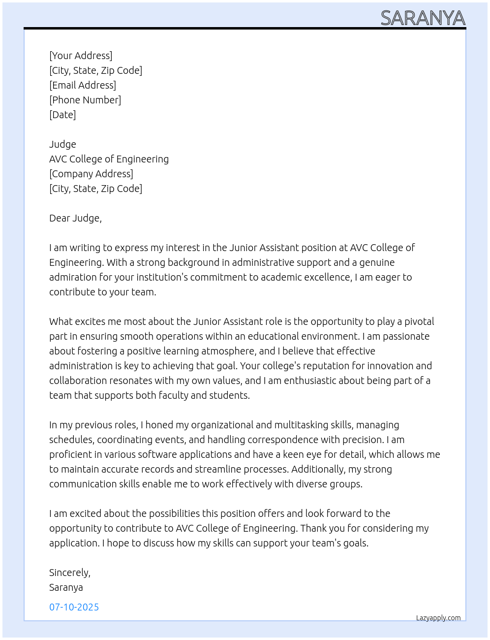 Junior Assistant  At AVC college of Engineering  Cover Letter