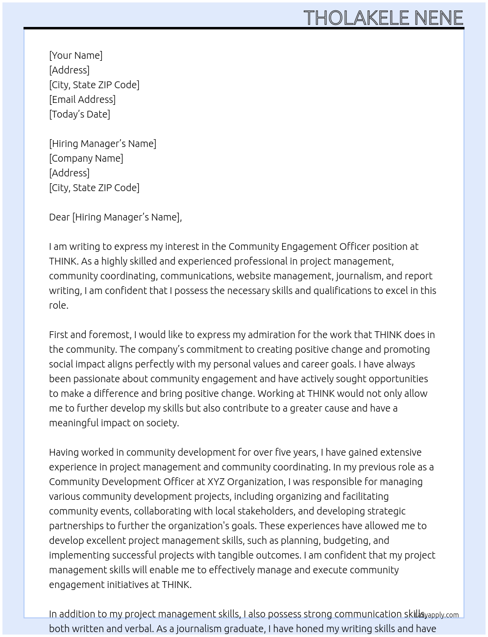 Community Engagement Officer  At THINK Cover Letter