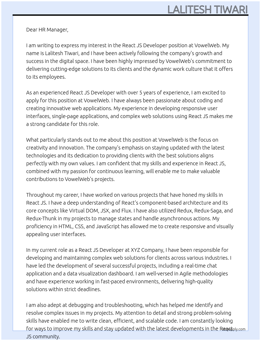 React JS Developer At VowelWeb Cover Letter