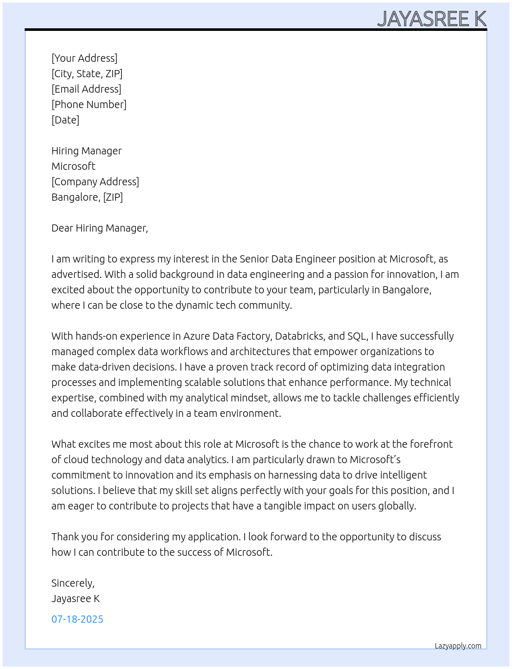 Cover letter for senior data engineer - LazyApply