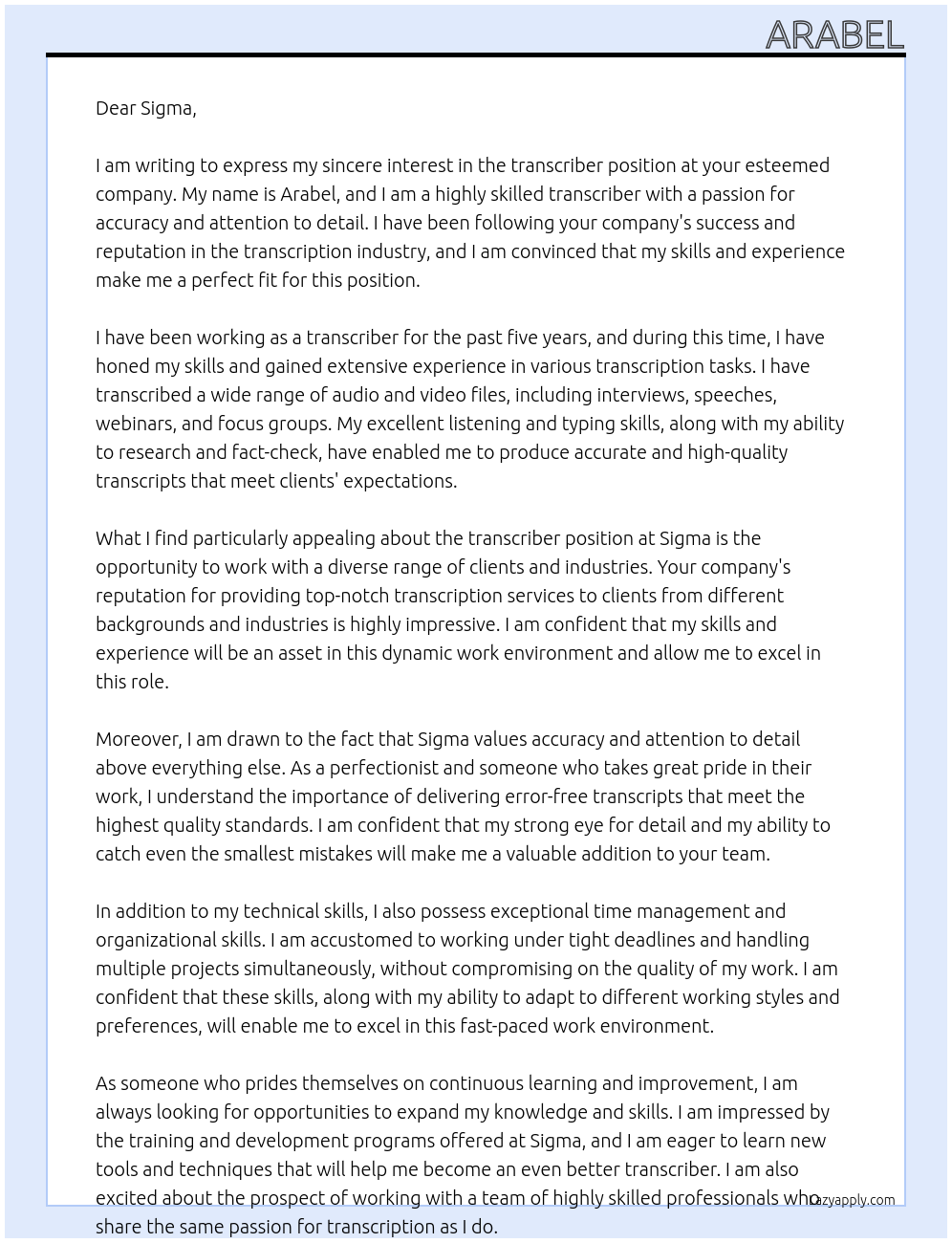 transcriber At sigma Cover Letter