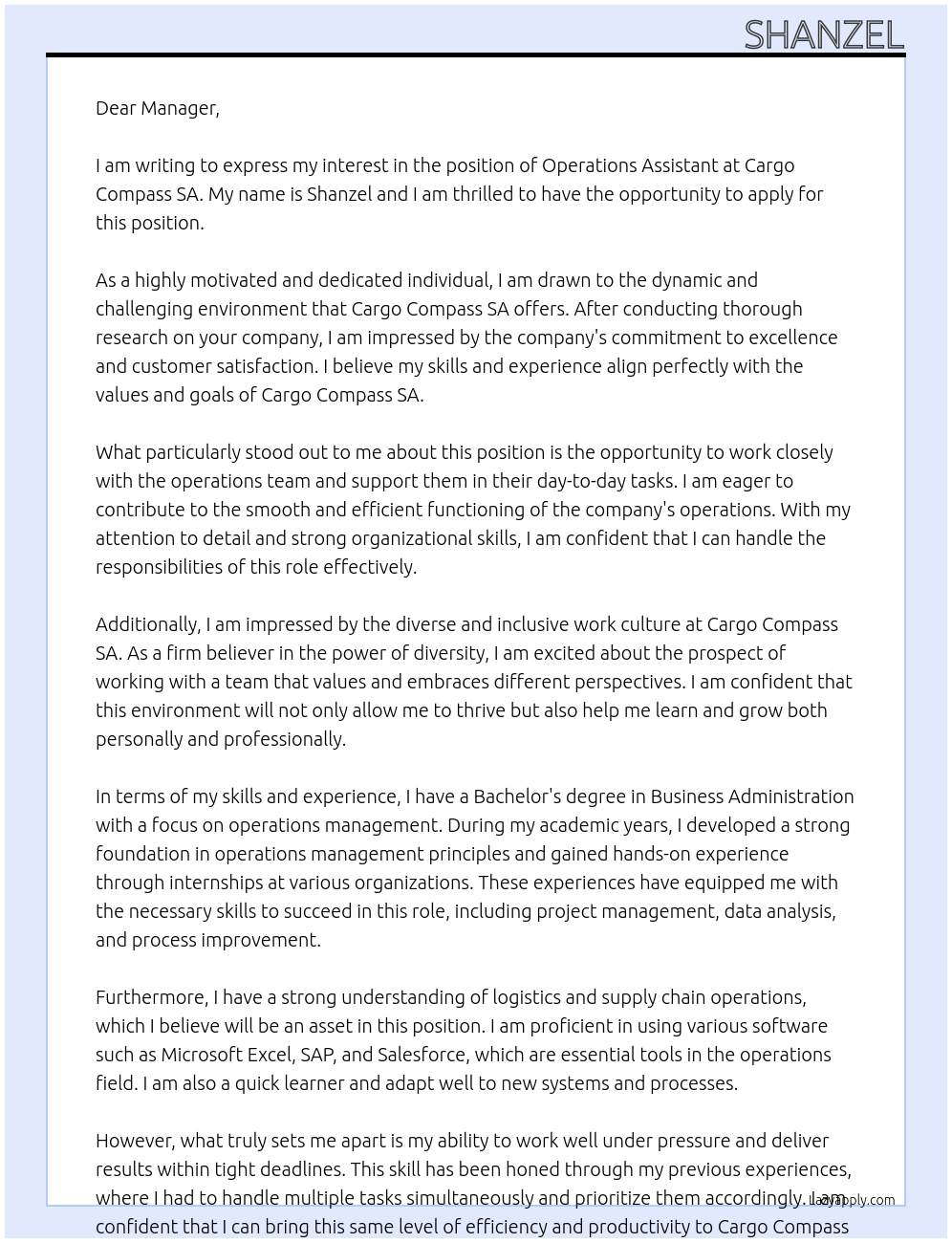 Operations assistant At Cargo compass SA Cover Letter