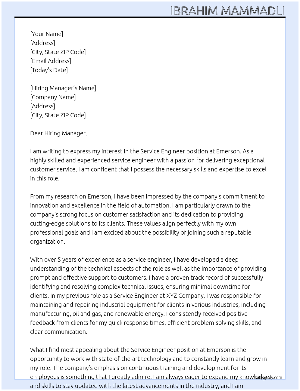 Service Engineer At Emerson Cover Letter