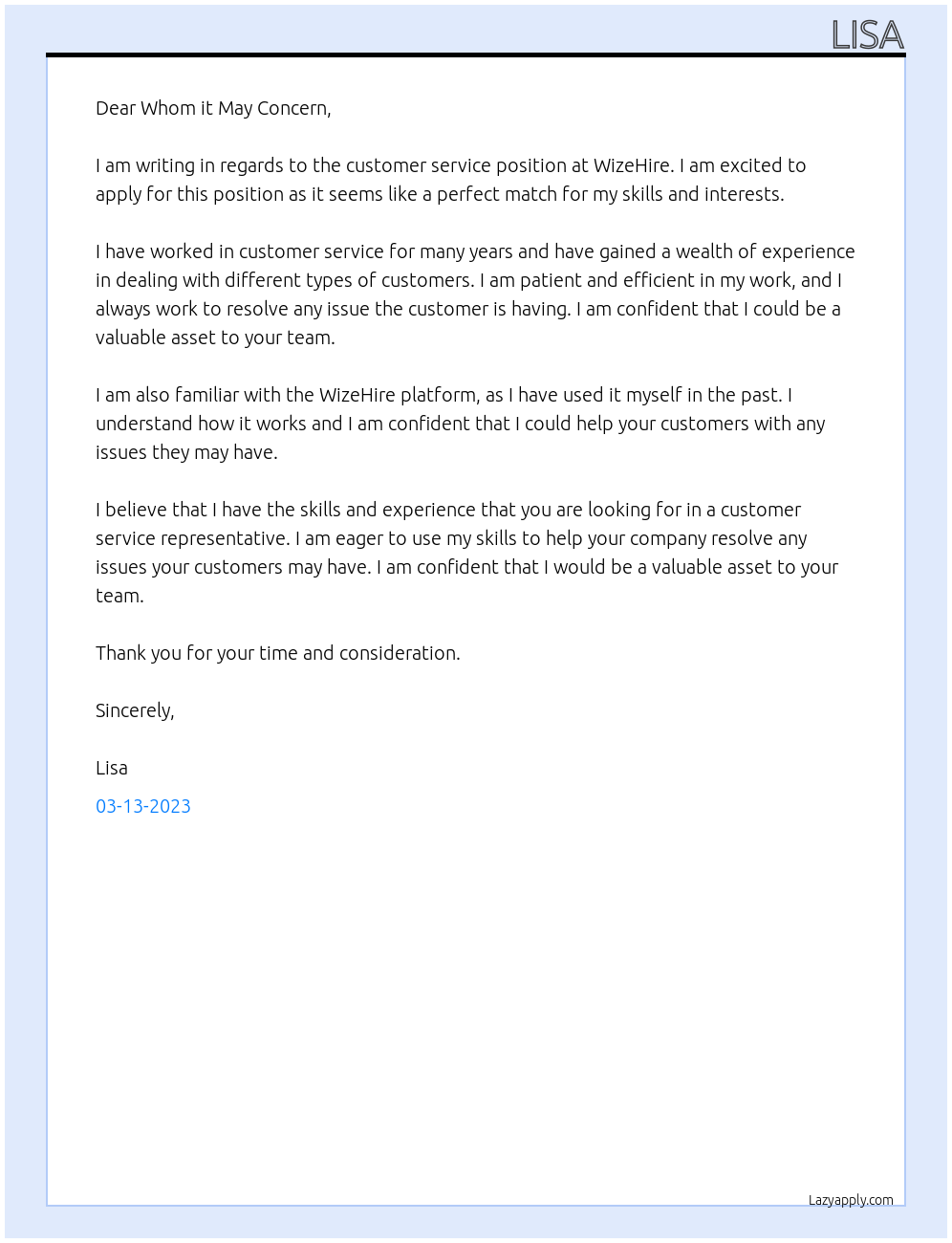 costumer service At wizehire Cover Letter