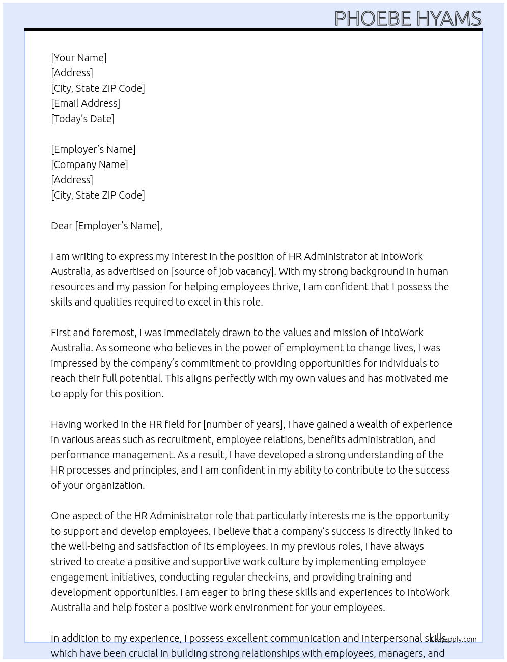 HR Administrator At IntoWork Australia Cover Letter